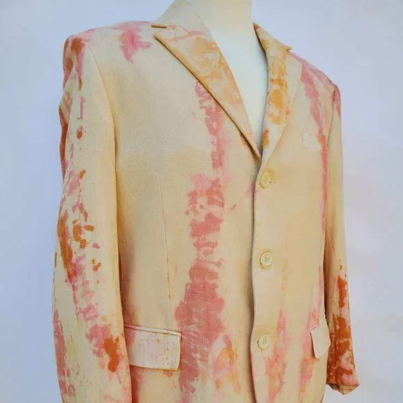 Silk blazer suit jacket painted tiedye orange yellow cream pink large 40 41